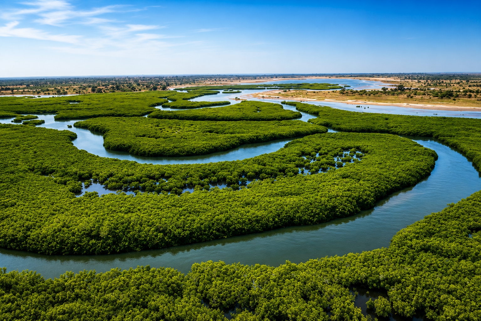 Delta del Sine-Saloum en Senegal con manglares y canales de agua cerca de Missirah y Chez Dominique